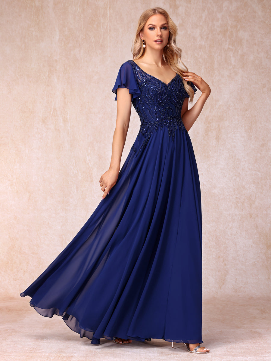 A-Line/Princess V-Neck Short Sleeves Long Formal Evening Dresses with Beading & Sequins