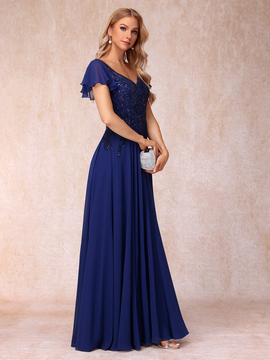 A-Line/Princess V-Neck Short Sleeves Long Formal Evening Dresses with Beading &amp; Sequins