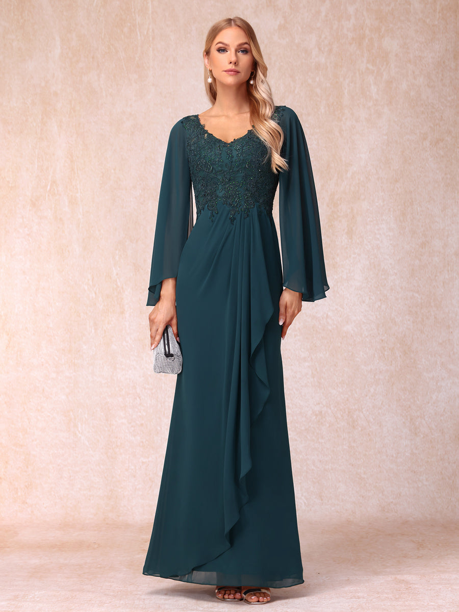 Sheath/Column V-Neck Long Sleeves Long Formal Evening Dresses with Sequins &amp; Appliques