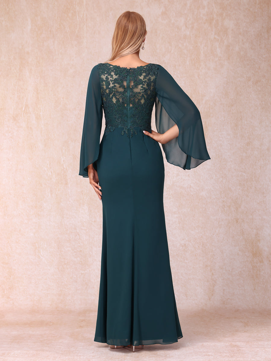 Sheath/Column V-Neck Long Sleeves Long Formal Evening Dresses with Sequins &amp; Appliques