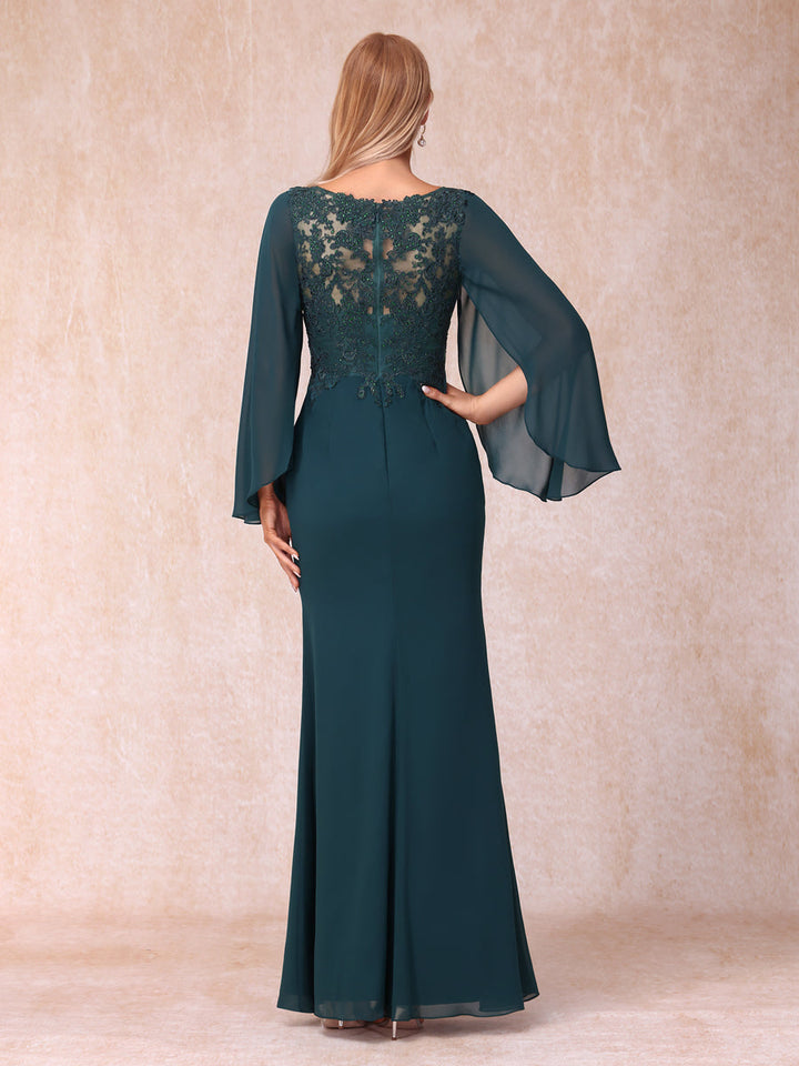 Sheath/Column V-Neck Long Sleeves Long Formal Evening Dresses with Sequins &amp; Appliques