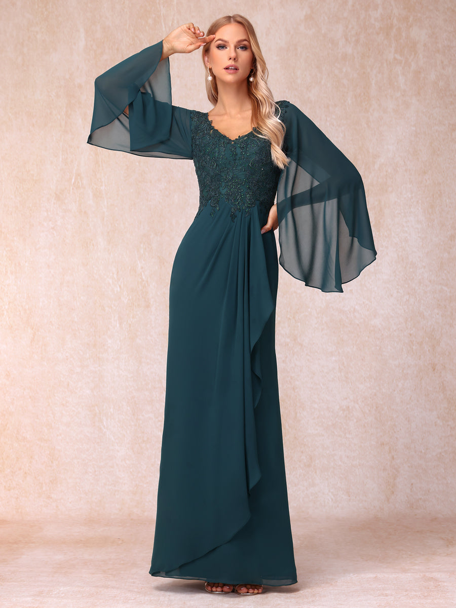 Sheath/Column V-Neck Long Sleeves Long Formal Evening Dresses with Sequins & Appliques