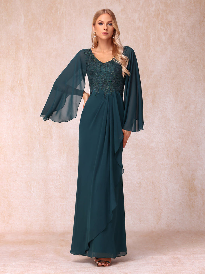 Sheath/Column V-Neck Long Sleeves Long Formal Evening Dresses with Sequins &amp; Appliques