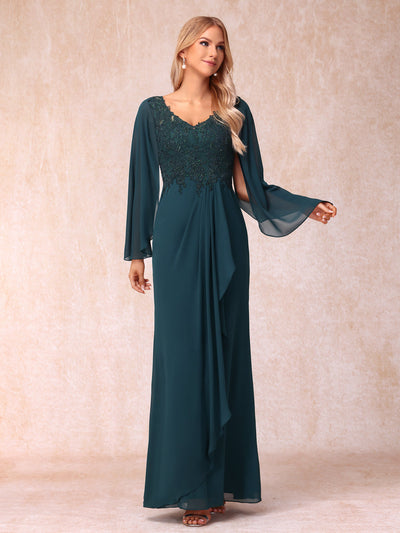 Sheath/Column V-Neck Long Sleeves Long Formal Evening Dresses with Sequins & Appliques