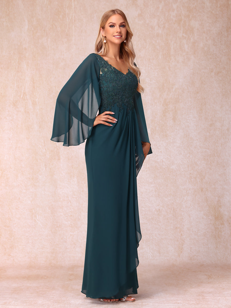 Sheath/Column V-Neck Long Sleeves Long Formal Evening Dresses with Sequins &amp; Appliques