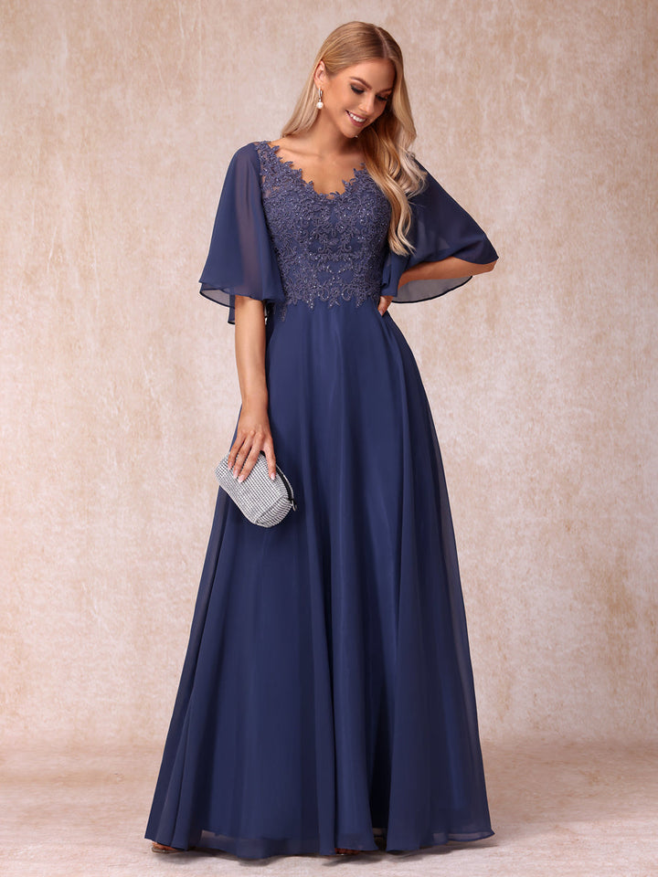 A-Line/Princess V-Neck Half Sleeves Long Formal Evening Dresses with Beading &amp; Appliques
