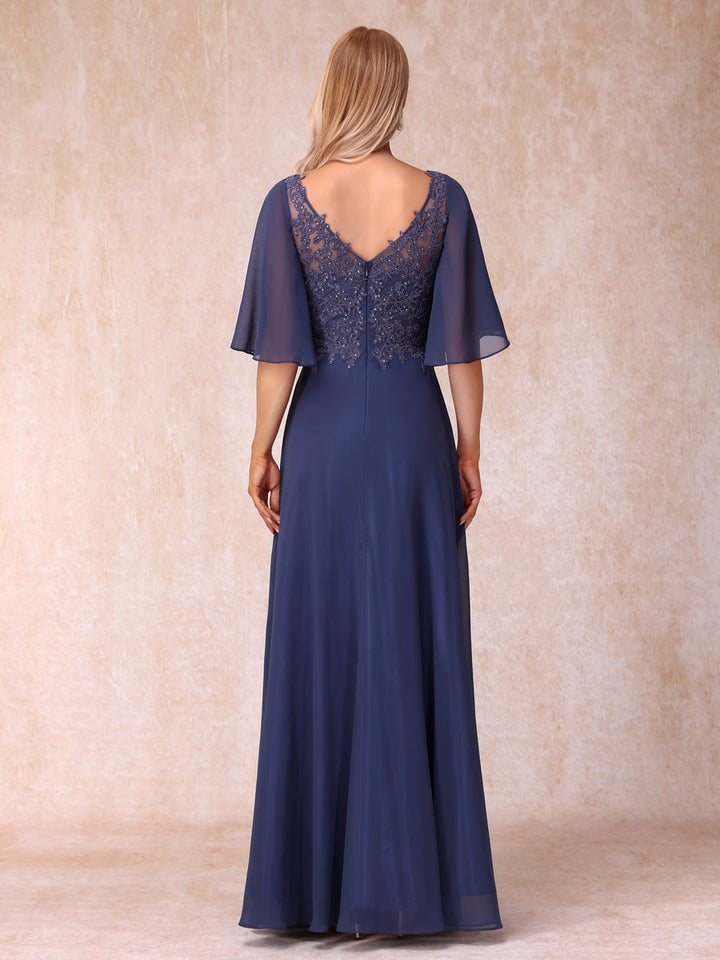 A-Line/Princess V-Neck Half Sleeves Long Formal Evening Dresses with Beading &amp; Appliques