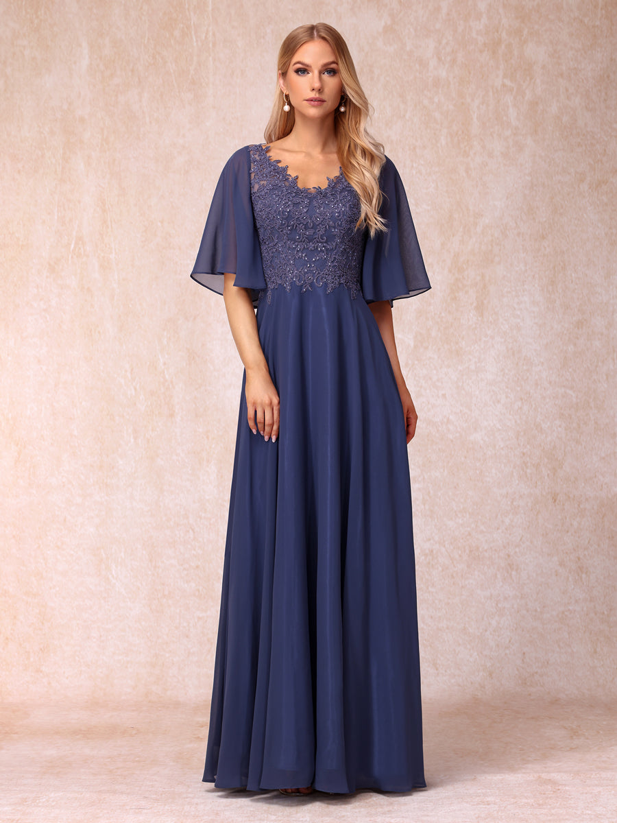 A-Line/Princess V-Neck Half Sleeves Long Formal Evening Dresses with Beading &amp; Appliques