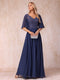 A-Line/Princess V-Neck Half Sleeves Long Formal Evening Dresses with Beading & Appliques