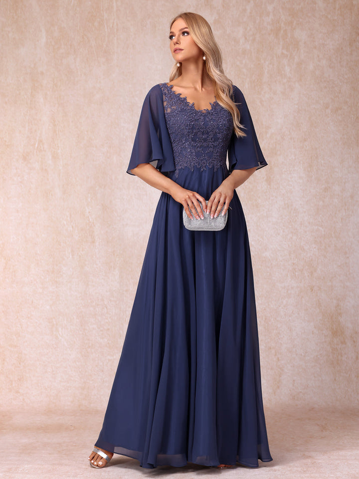 A-Line/Princess V-Neck Half Sleeves Long Formal Evening Dresses with Beading &amp; Appliques
