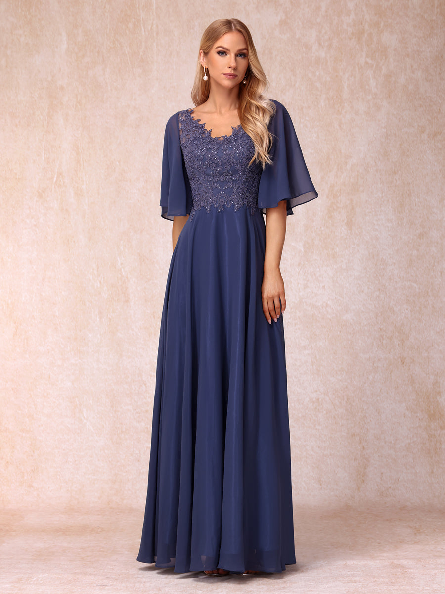 A-Line/Princess V-Neck Half Sleeves Long Formal Evening Dresses with Beading &amp; Appliques