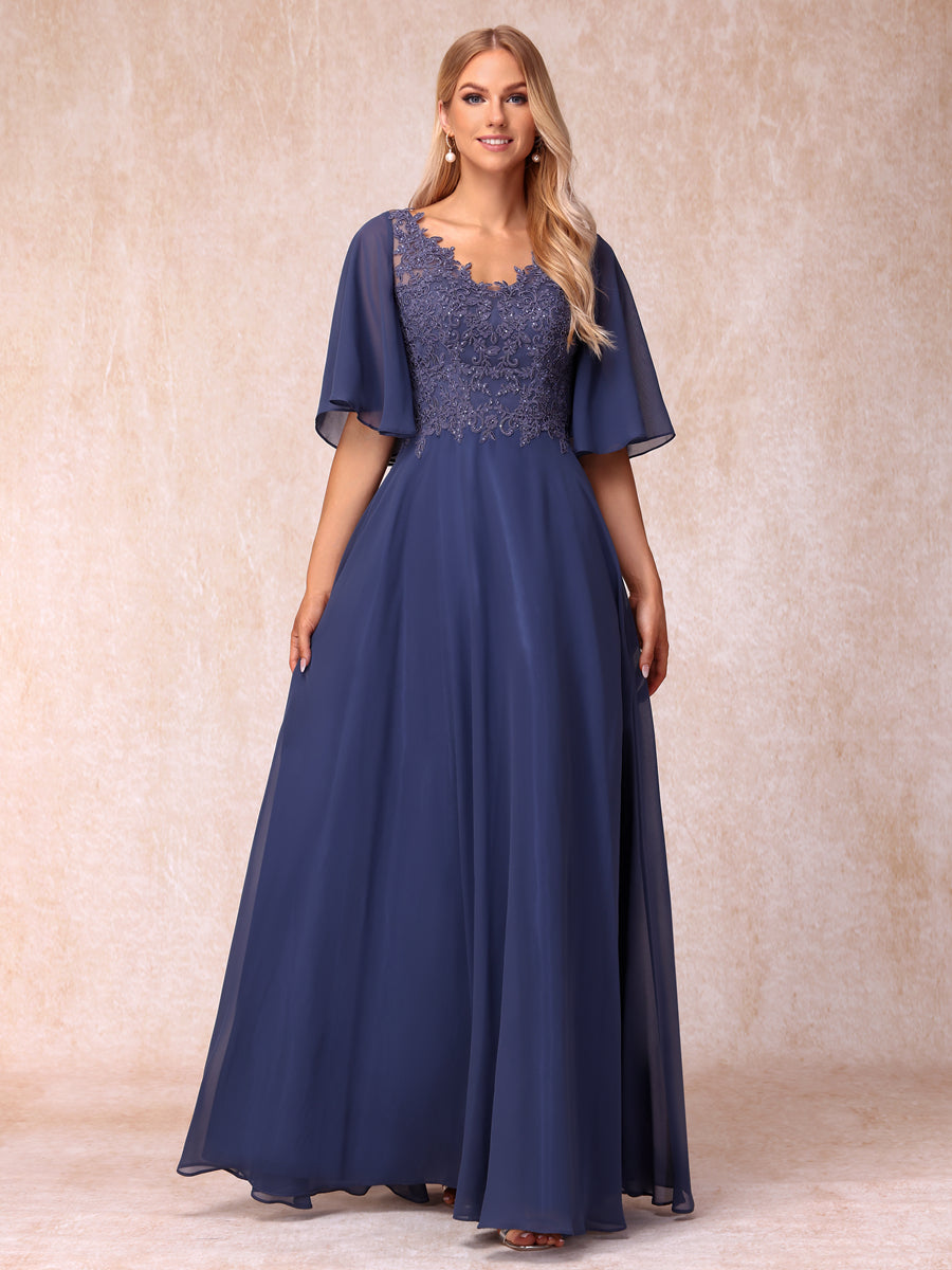 A-Line/Princess V-Neck Half Sleeves Long Formal Evening Dresses with Beading &amp; Appliques