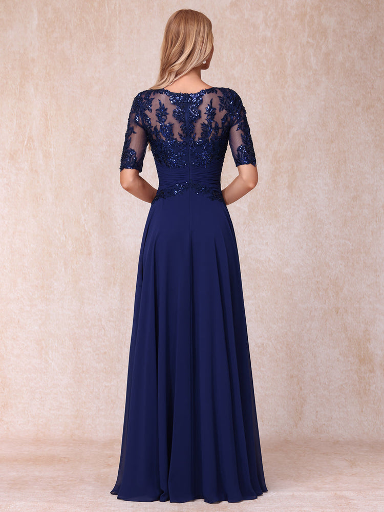 A-Line/Princess Sheer Neck Half Sleeves Short Wedding Guest Dresses with Appliques