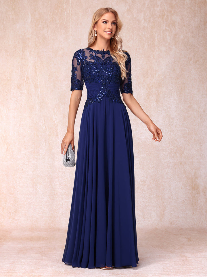 A-Line/Princess Sheer Neck Half Sleeves Long Formal Evening Dresses with Sequins