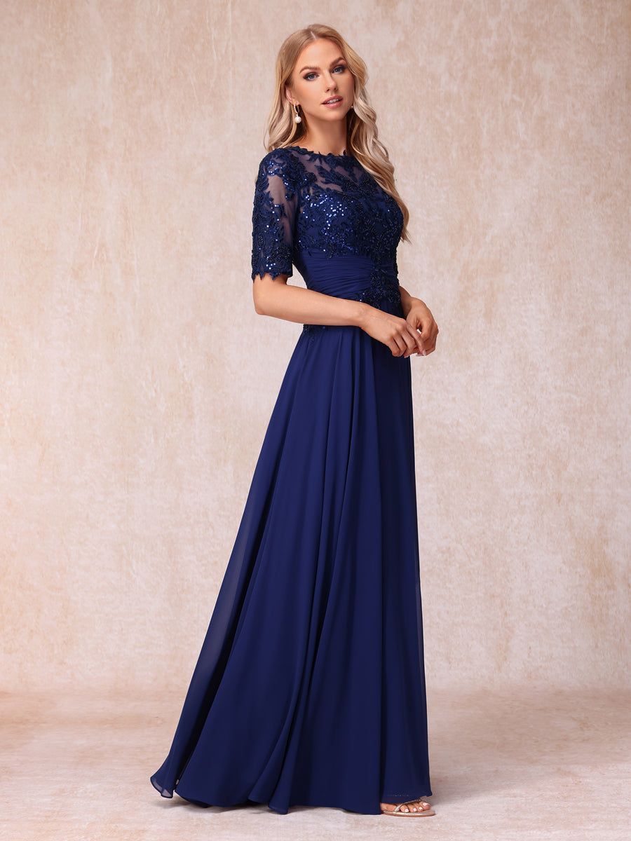 A-Line/Princess Sheer Neck Half Sleeves Long Formal Evening Dresses with Sequins