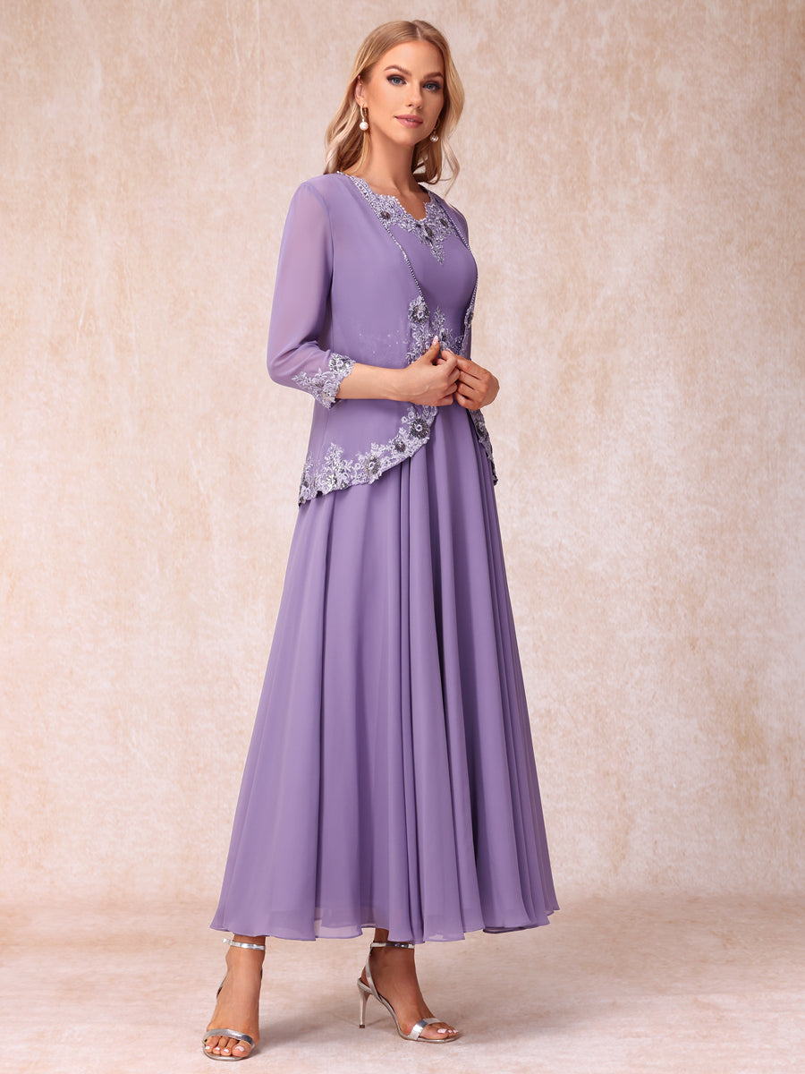 A-Line/Princess V-Neck Sleeveless Long Formal Evening Dresses with Appliques & Jacket