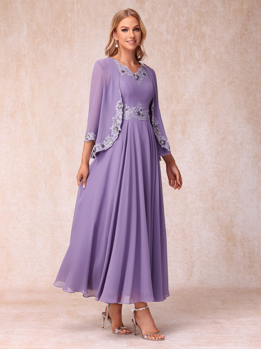 A-Line/Princess V-Neck Sleeveless Long Formal Evening Dresses with Appliques &amp; Jacket