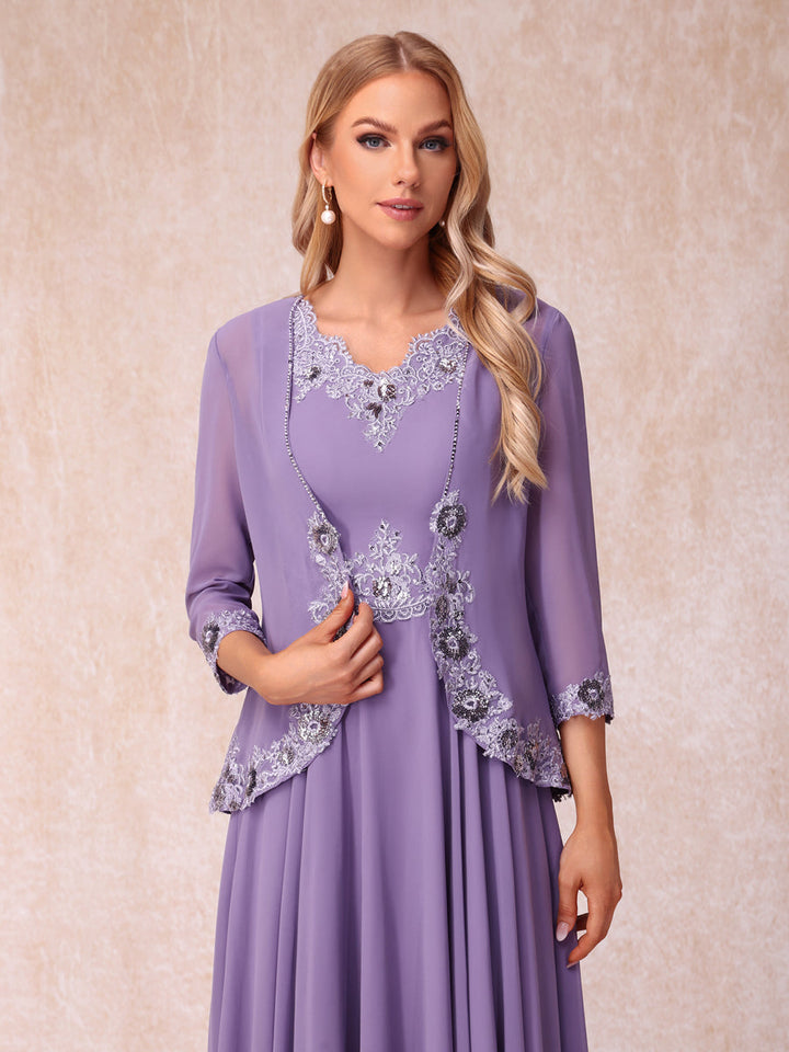 A-Line/Princess V-Neck Sleeveless Long Formal Evening Dresses with Appliques &amp; Jacket