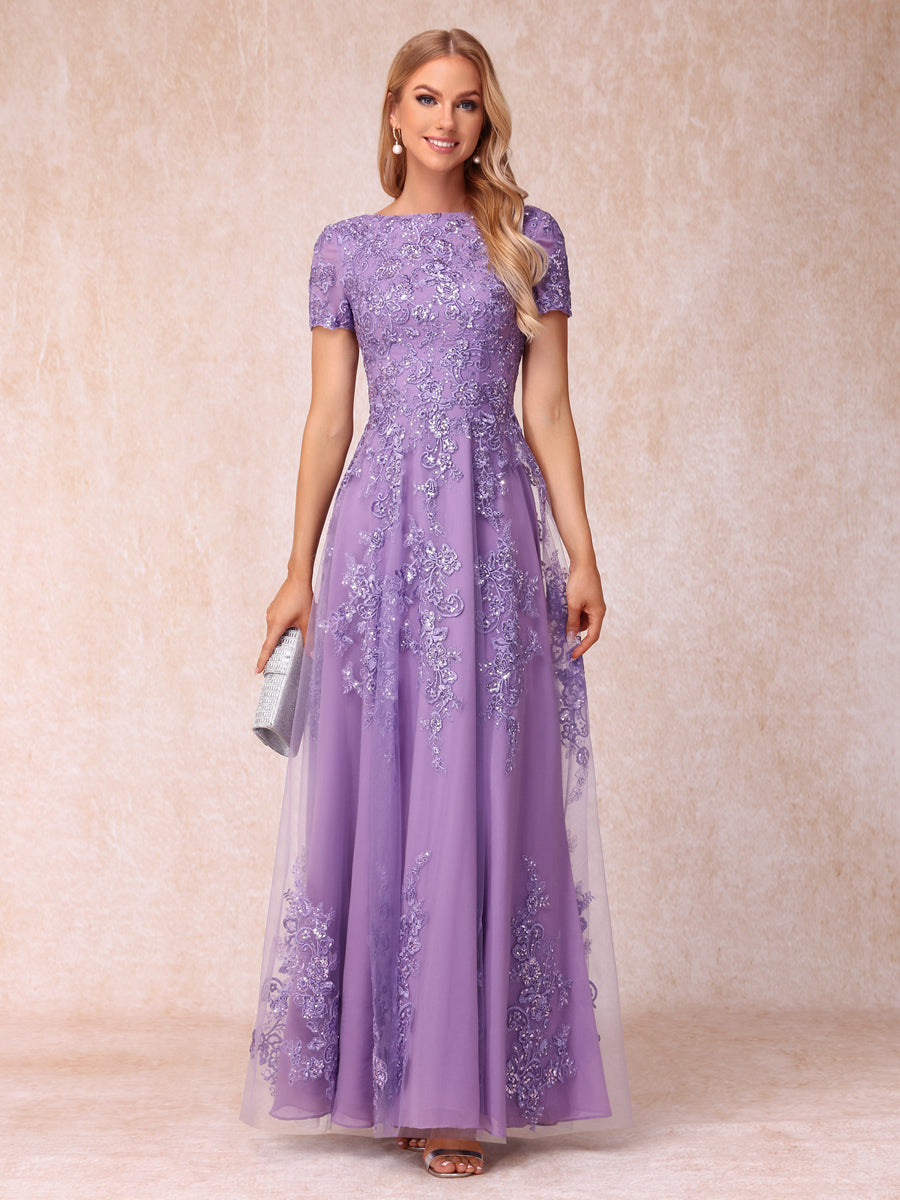 A-Line/Princess Sheer Neck Short Sleeves Long Formal Evening Dresses with Appliques & Sequins