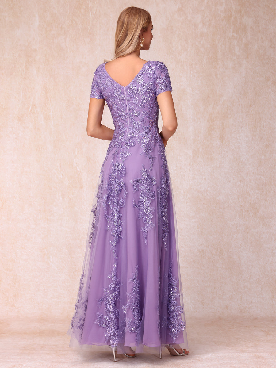 A-Line/Princess Sheer Neck Short Sleeves Long Formal Evening Dresses with Appliques & Sequins