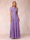 A-Line/Princess Sheer Neck Short Sleeves Long Formal Evening Dresses with Appliques