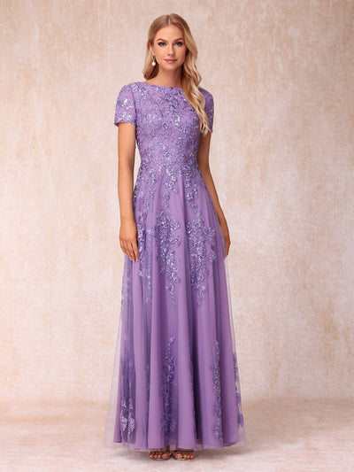 A-Line/Princess Sheer Neck Short Sleeves Long Formal Evening Dresses with Appliques & Sequins