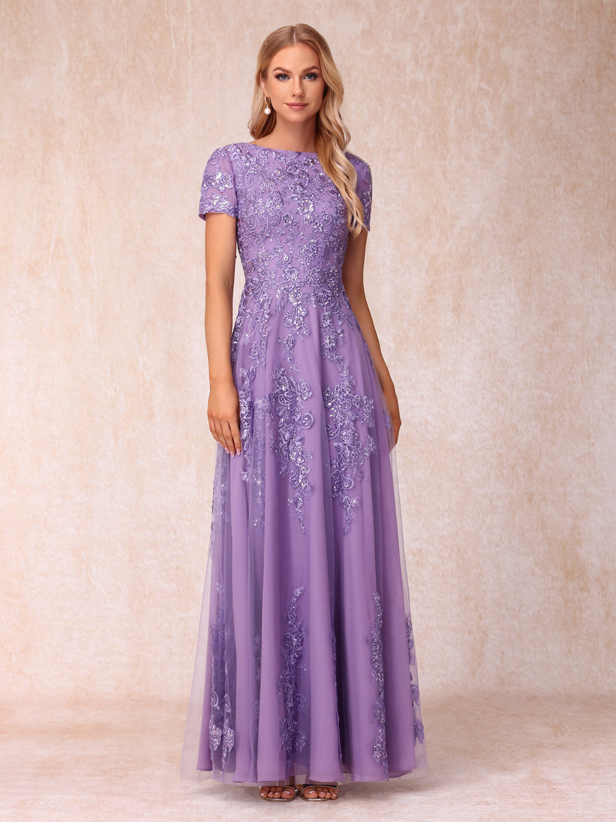 A-Line/Princess Sheer Neck Short Sleeves Long Formal Evening Dresses with Appliques & Sequins