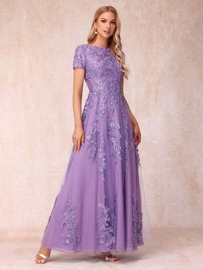 A-Line/Princess Sheer Neck Short Sleeves Long Formal Evening Dresses with Appliques & Sequins