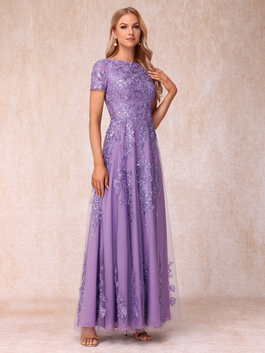 A-Line/Princess Sheer Neck Short Sleeves Long Formal Evening Dresses with Appliques & Sequins