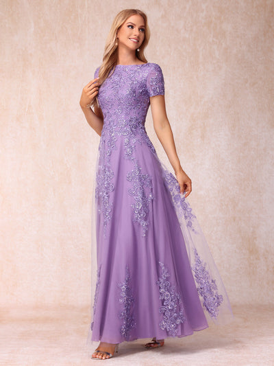 A-Line/Princess Sheer Neck Short Sleeves Long Formal Evening Dresses with Appliques & Sequins