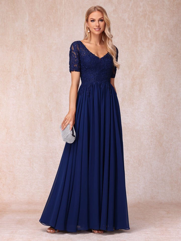 A-Line/Princess V-Neck Short Sleeves Long Formal Evening Dresses with Beading &amp; Appliques