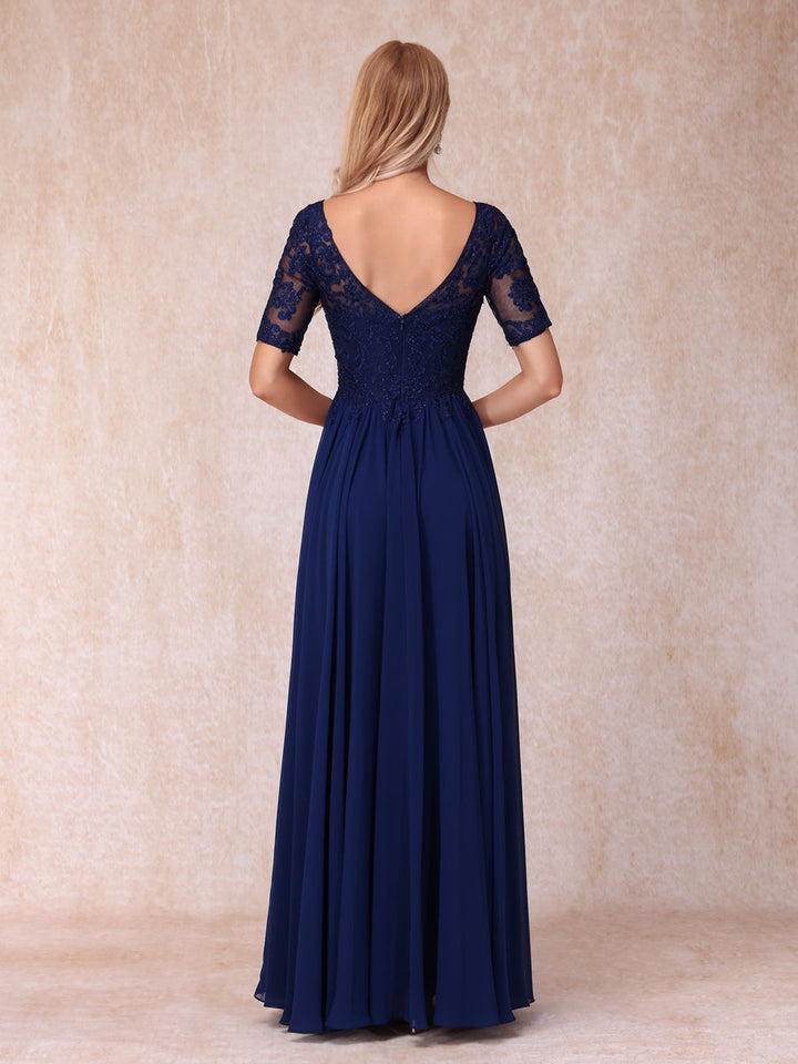 A-Line/Princess V-Neck Short Sleeves Long Formal Evening Dresses with Beading &amp; Appliques
