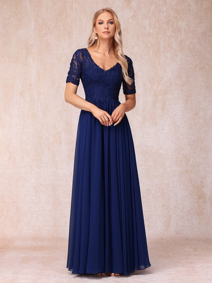 A-Line/Princess V-Neck Short Sleeves Long Formal Evening Dresses with Beading &amp; Appliques