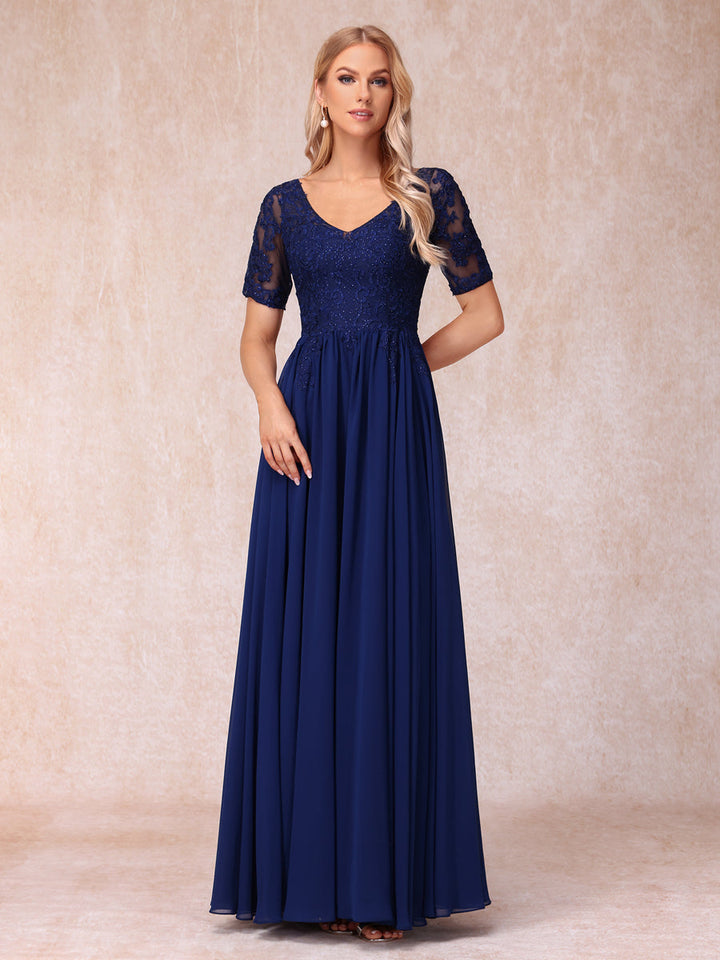 A-Line/Princess V-Neck Short Sleeves Long Formal Evening Dresses with Beading &amp; Appliques