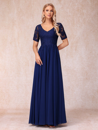 A-Line/Princess V-Neck Short Sleeves Long Formal Evening Dresses with Beading & Appliques