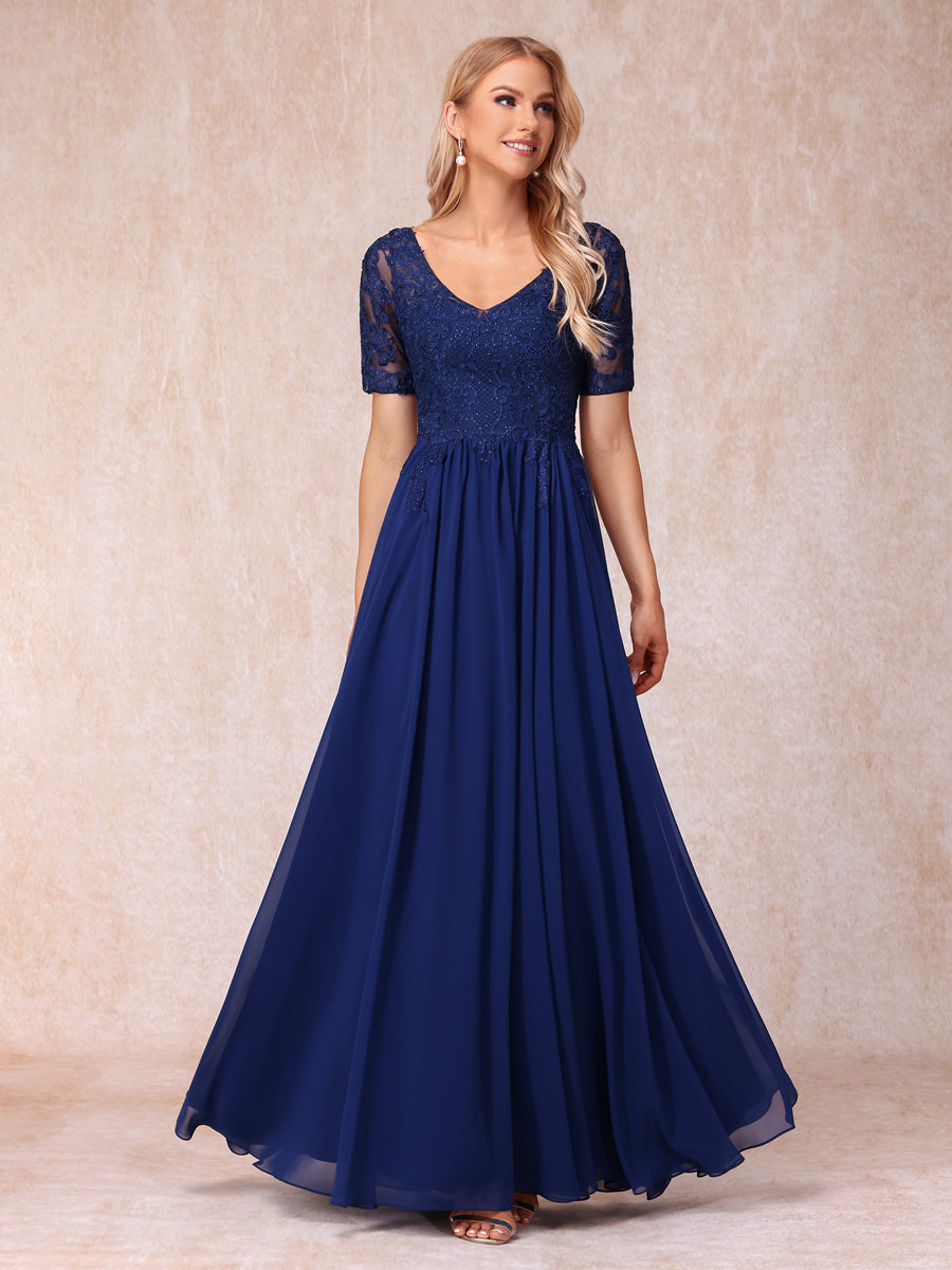 A-Line/Princess V-Neck Short Sleeves Long Formal Evening Dresses with Beading &amp; Appliques