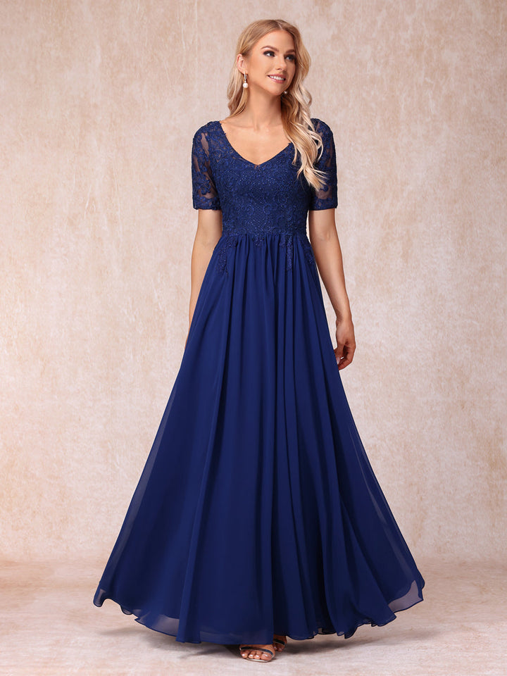 A-Line/Princess V-Neck Short Sleeves Long Formal Evening Dresses with Beading &amp; Appliques