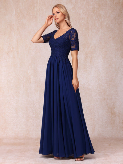 A-Line/Princess V-Neck Short Sleeves Long Formal Evening Dresses with Beading & Appliques