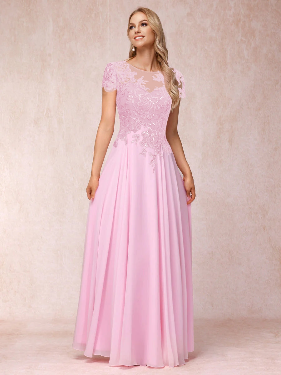 A-Line/Princess Sheer Neck Short Sleeves Long Formal Evening Dresses with Appliques