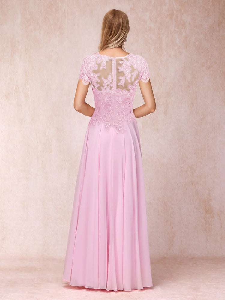 A-Line/Princess Sheer Neck Half Sleeves Long Formal Plus Size Evening Dresses with Beading & Appliques