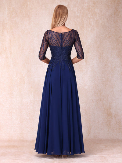 A-Line/Princess V-Neck Half Sleeves Long Formal Evening Dresses with Beading