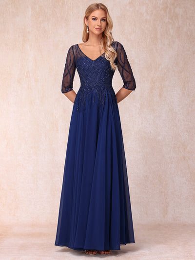 A-Line/Princess V-Neck Half Sleeves Long Formal Evening Dresses with Beading