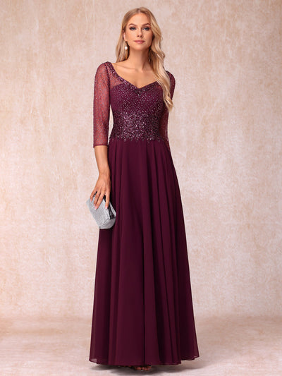 A-Line/Princess V-Neck 3/4 Sleeves Long Formal Evening Dresses with Beading