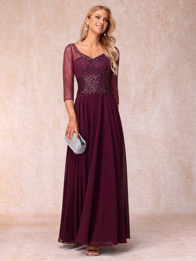 A-Line/Princess V-Neck 3/4 Sleeves Long Formal Evening Dresses with Beading