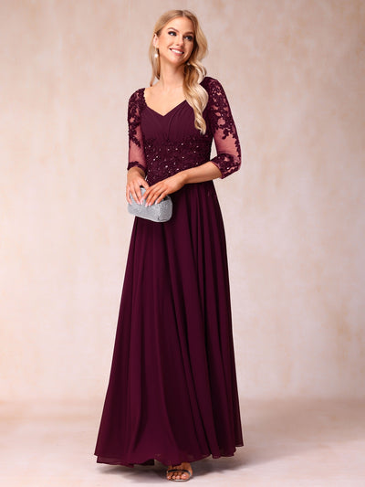 A-Line/Princess V-Neck 3/4 Sleeves Long Formal Evening Dresses with Beading