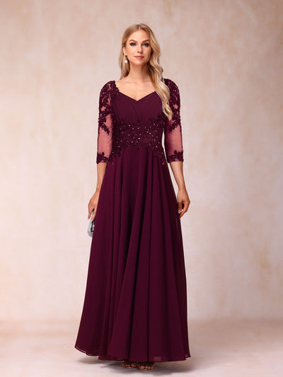 A-Line/Princess V-Neck 3/4 Sleeves Long Formal Evening Dresses with Beading