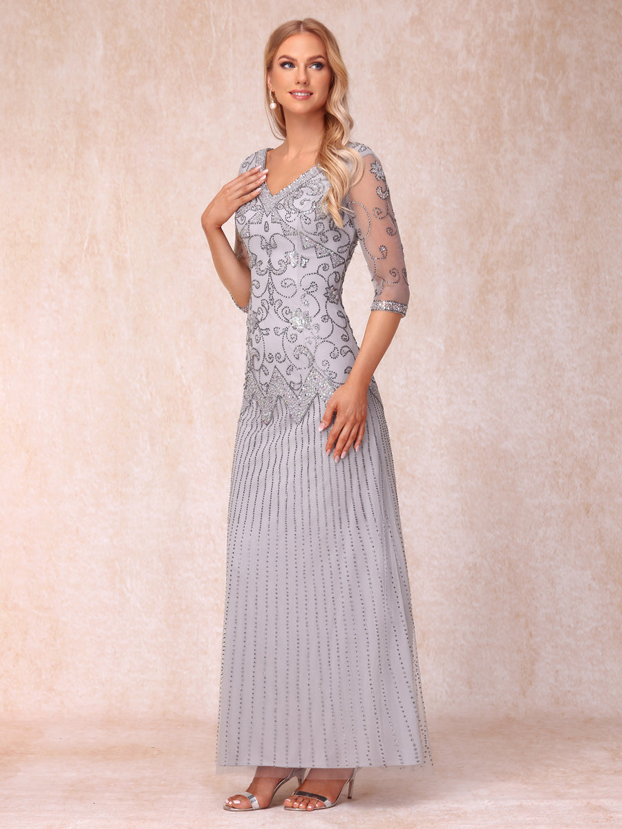 Sheath/Column V-Neck 3/4 Sleeves Long Formal Evening Dresses with Beading & Sequins