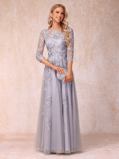 A-Line/Princess Sheer Neck Half Sleeves Long Formal Evening Dresses with Beading & Appliques