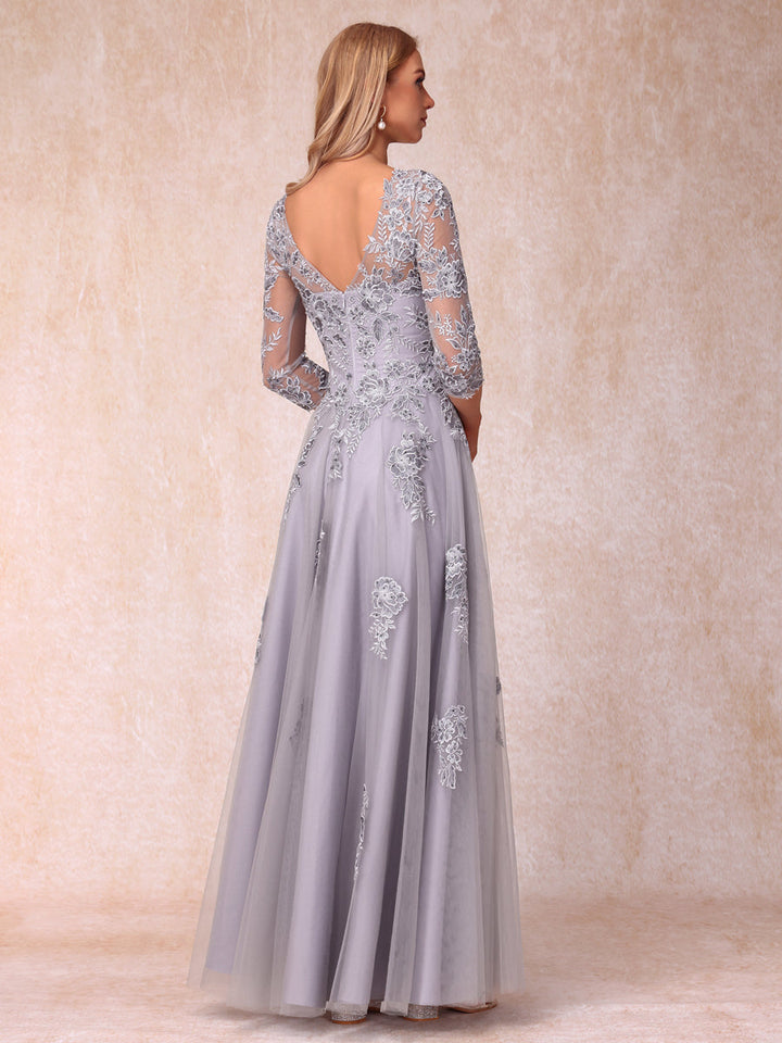A-Line/Princess Sheer Neck Half Sleeves Long Formal Evening Dresses with Beading &amp; Appliques