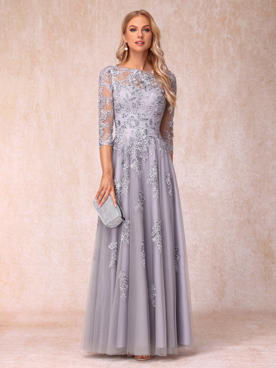 A-Line/Princess Sheer Neck Half Sleeves Long Formal Evening Dresses with Beading &amp; Appliques